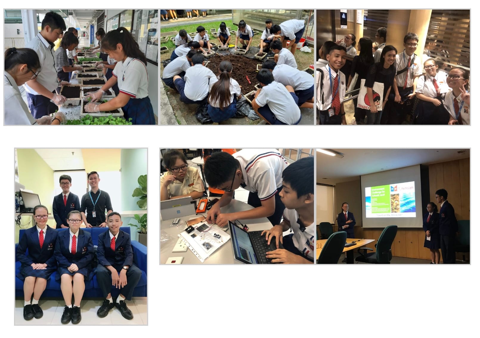 Six photos of uniformed students doing activities: planting, working with electronics, posing, and giving a presentation.
